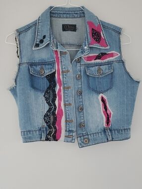 One Of A Kind Art In The Alley Designed Denim Vest with Pink & Black Accents
